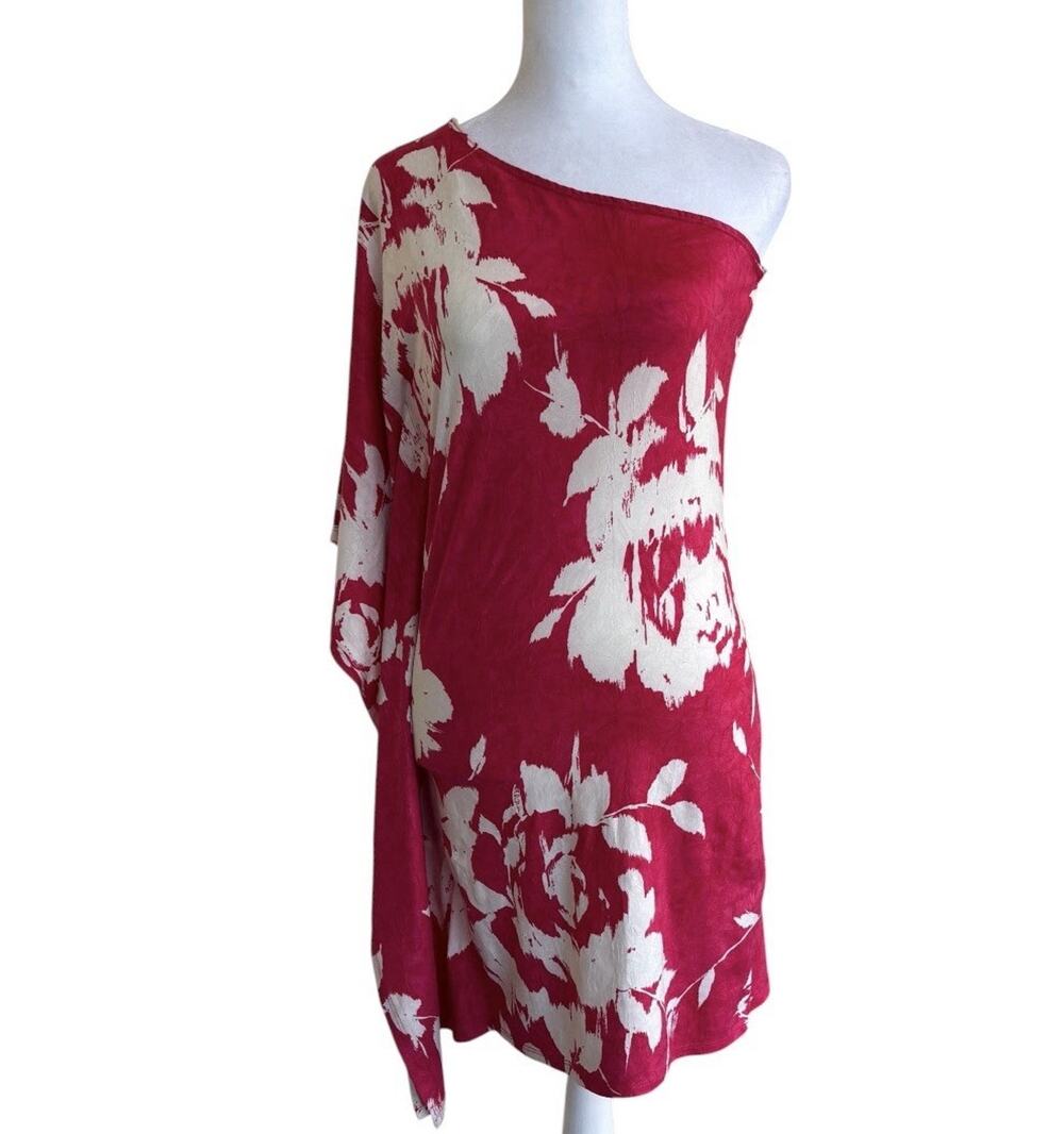 Kanvas Red White Floral Asymmetric One Shoulder Dress L Grecian Boho Chic